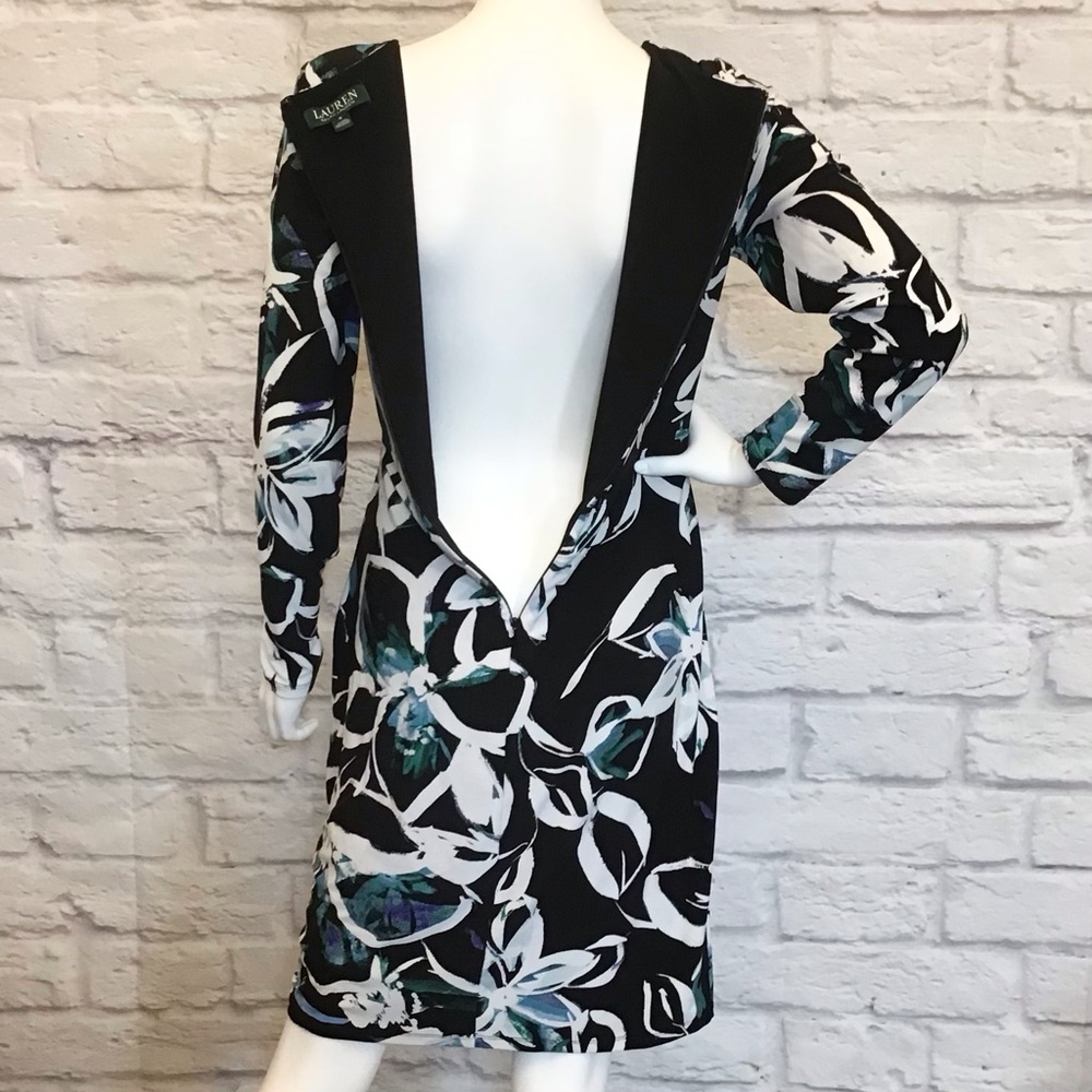 Ralph Lauren 8 LRL Stretchy Ruched Black Floral Long Sleeve Dress Knee Length - Picture 9 of 13